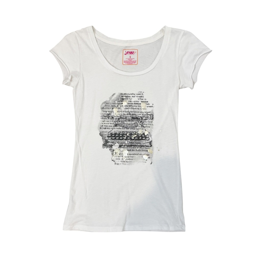 Jenni White Gold Typewriter Graphic Baby Tee Y2K McBling - Size Small
